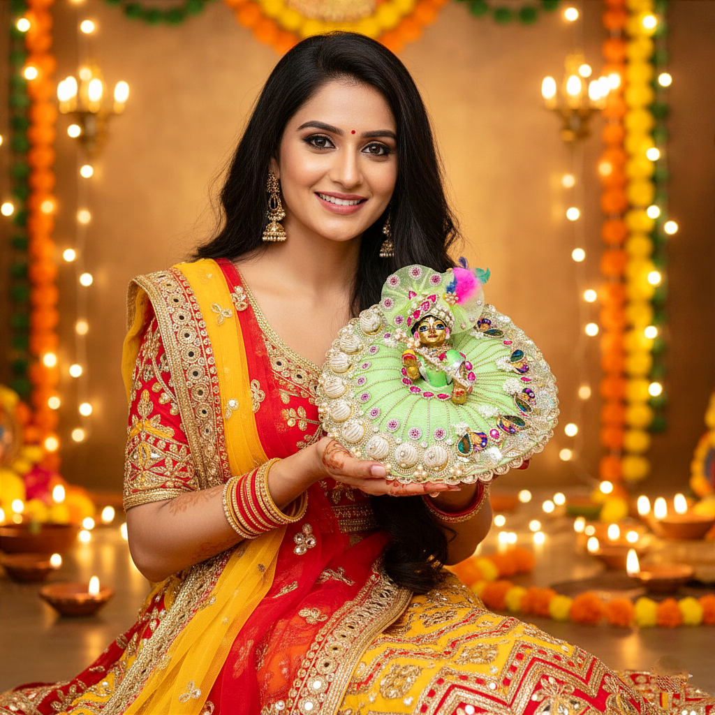 Diwali Special Yellow Laddu Gopal Poshak with 3D Pearl Balls, Zari Peacock Patches & Diamond Chain Work with Matching Mukut, Pataka Set, Bansuri & A Surprise Gift.