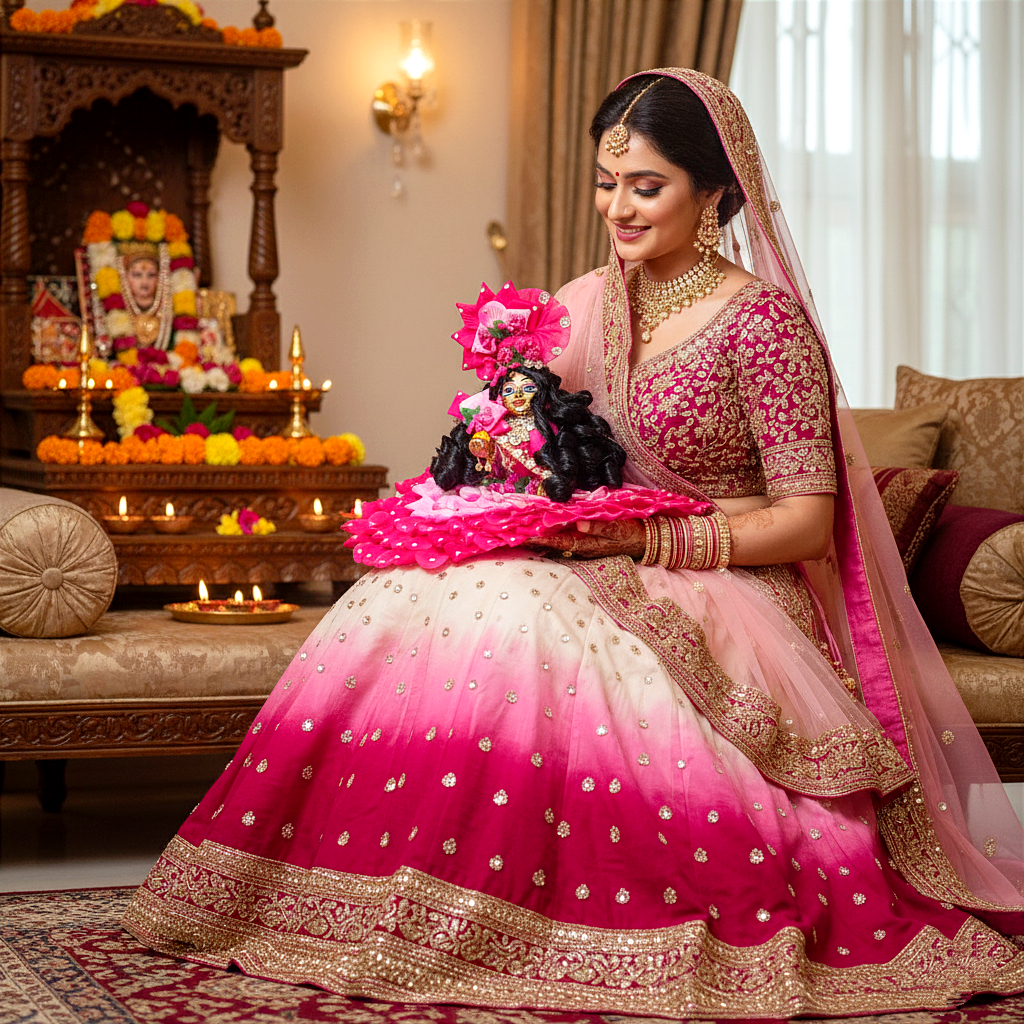 Deepavali Special Elegant Rose Petal Poshak for Bal Gopal with Mukut, Patakha Set, Bansuri & Full Shringar Set
