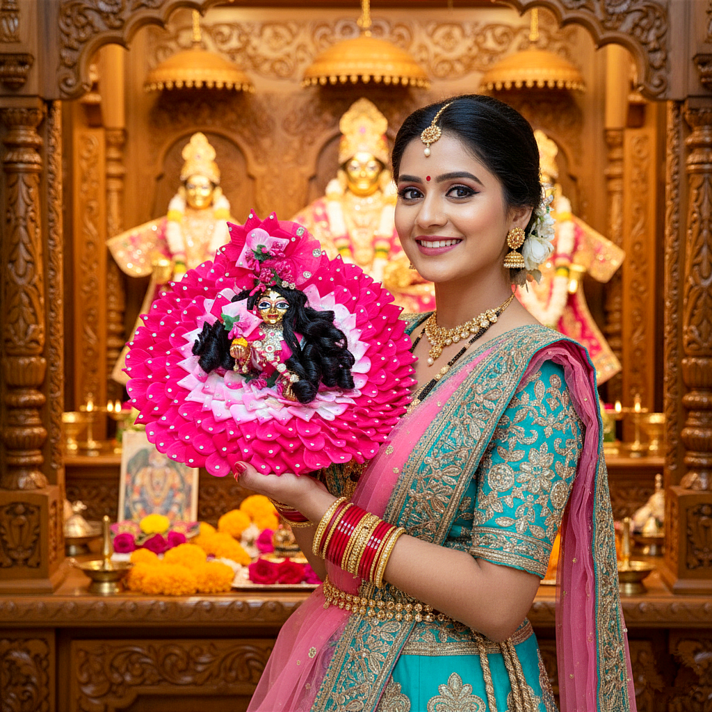 Deepavali Special Elegant Rose Petal Poshak for Bal Gopal with Mukut, Patakha Set, Bansuri & Full Shringar Set