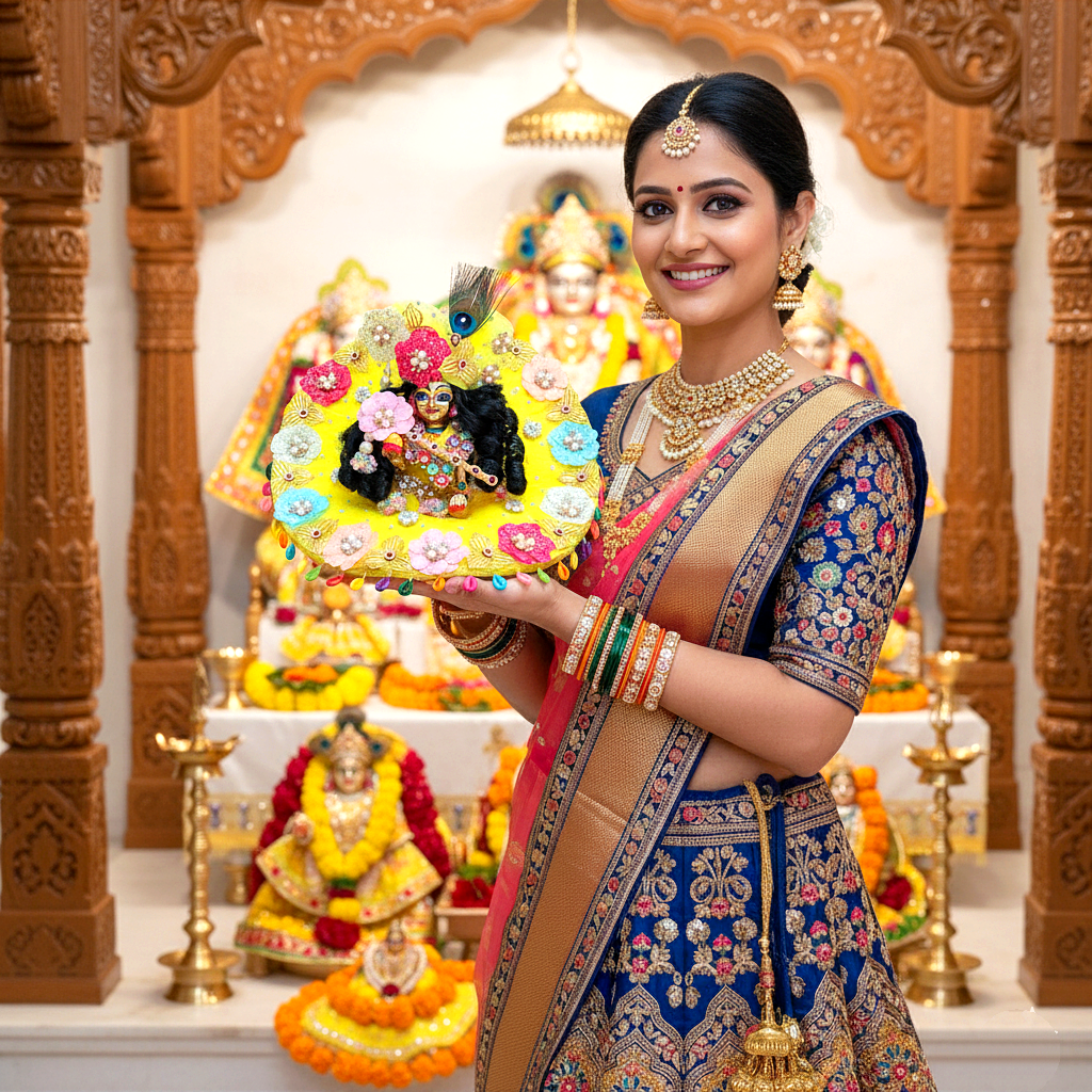 Divine Laddu Gopal Dress in Lemon Yellow – Multicolor Imported Flower Work with Mukut, Patakha Set, Bansuri & Full Shringar Set