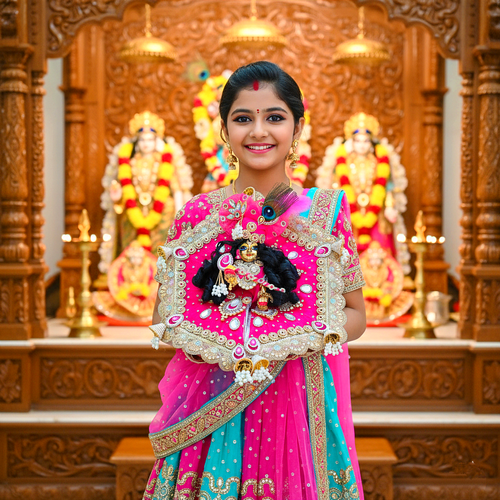 Royal Rani Pink Krishna Dress – Hexagon Poshak with Handmade Patches with Mukut, Patakha Set, Bansuri & Full Shringar Set