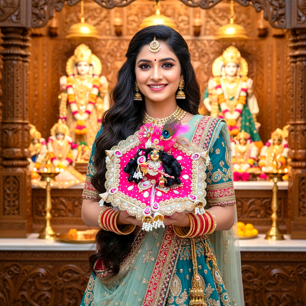 Royal Rani Pink Krishna Dress – Hexagon Poshak with Handmade Patches with Mukut, Patakha Set, Bansuri & Full Shringar Set