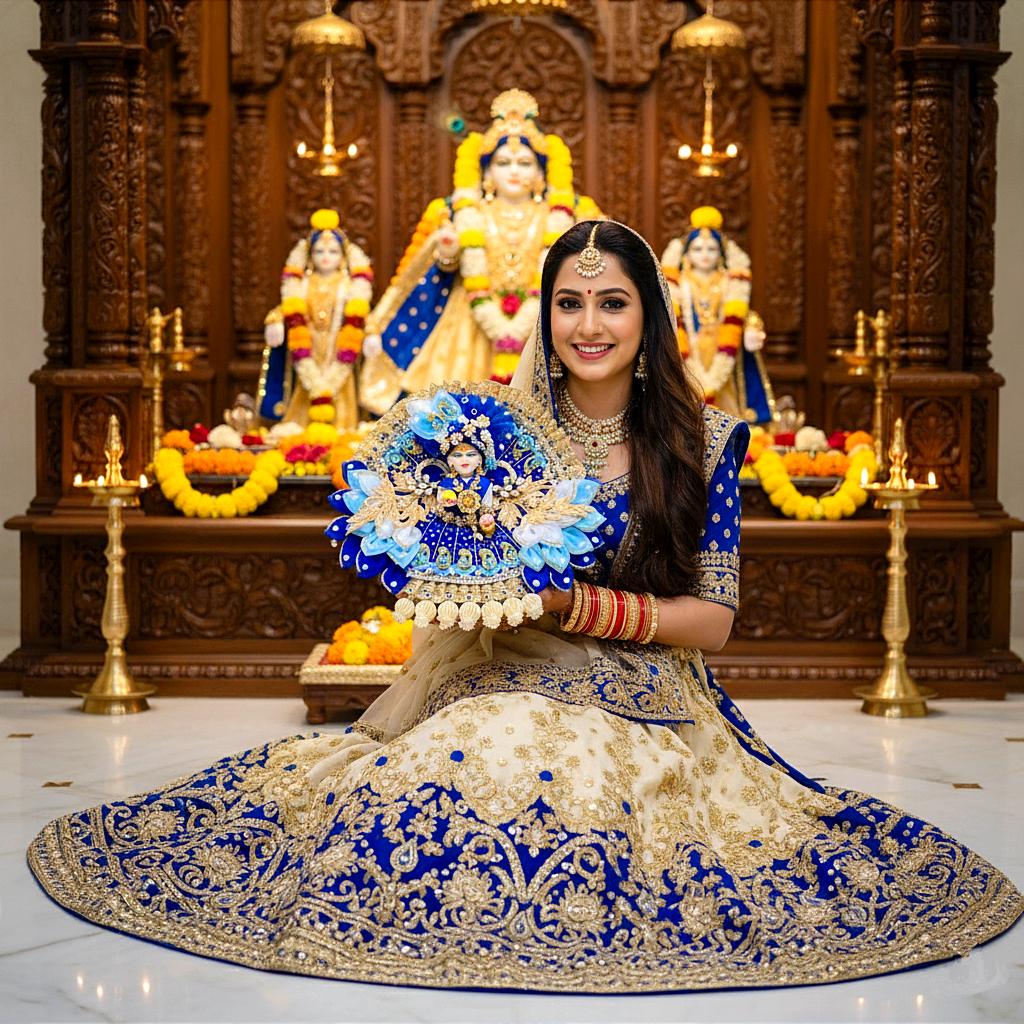 Diwali Special Majestic Royal Blue Laddu Gopal Dress – Detailed Handwork with Peacock Motifs, Petal Design With Heavy Mukut, Patakha Set, Bansuri & Full Shringar Set