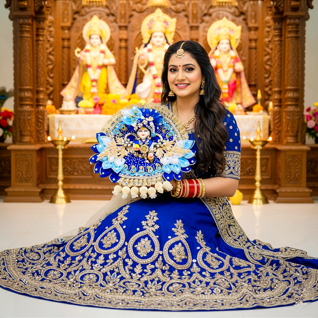 Diwali Special Majestic Royal Blue Laddu Gopal Dress – Detailed Handwork with Peacock Motifs, Petal Design With Heavy Mukut, Patakha Set, Bansuri & Full Shringar Set