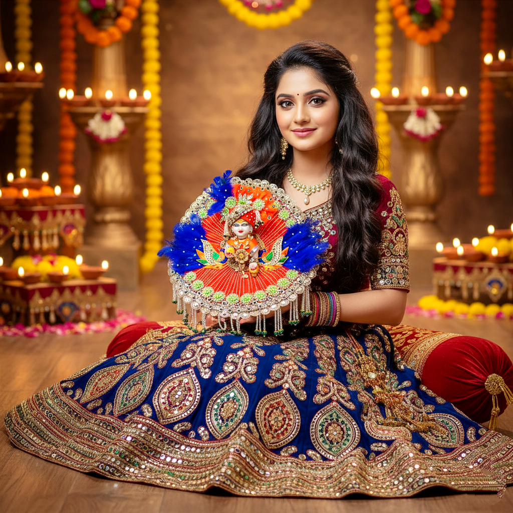Diwali Special Designer Orange Kanha Ji Dress – Peacock Patches, Purple Feather Work with Mukut, Patakha Set, Bansuri & Full Shringar Set