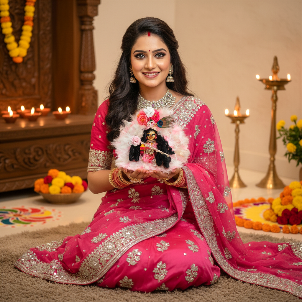 Soft Feather Sky Blue Kanha ji Dress – Laddu Gopal Poshak with Floral Work with Mukut, Patakha Set, Bansuri & Full Shringar Set