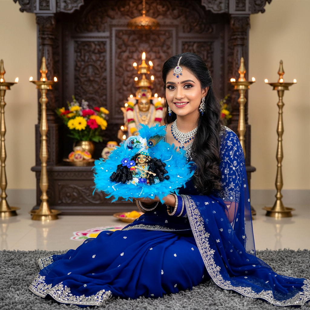 Soft Feather Sky Blue Kanha ji Dress – Laddu Gopal Poshak with Floral Work with Mukut, Patakha Set, Bansuri & Full Shringar Set