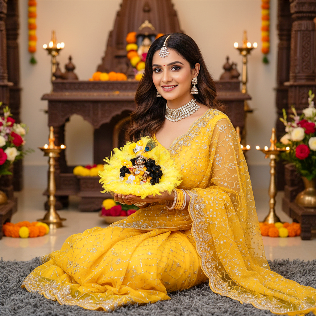 Soft Feather Sky Blue Kanha ji Dress – Laddu Gopal Poshak with Floral Work with Mukut, Patakha Set, Bansuri & Full Shringar Set