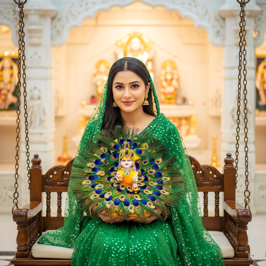 Peacock Feather Special Laddu Gopal Poshak – Janmashtami Special Designer Dress with Mukut, Patakha Set, Bansuri & Full Shringar Set