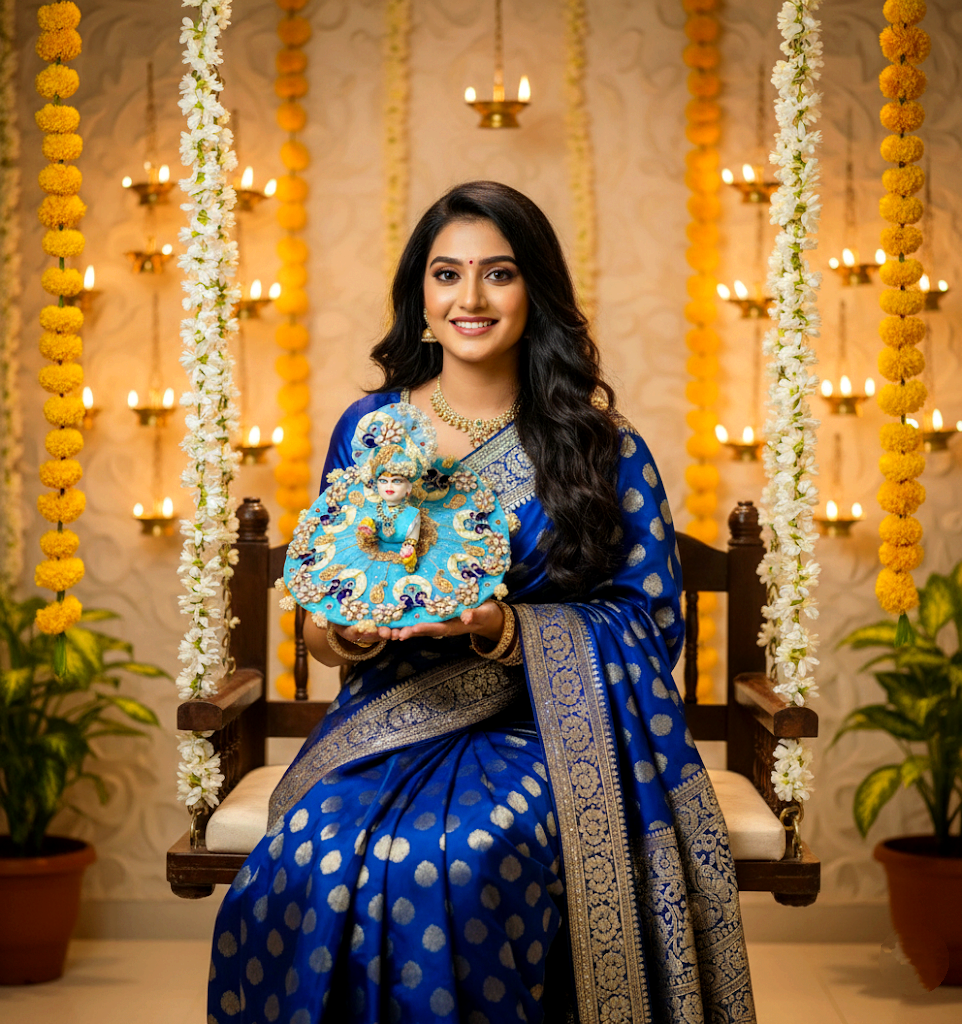 Sky Blue Kundan Work Bal Krishna Dress – Royal Kundan Embroidery on Peacock Motifs with Mukut, Patakha Set, Bansuri & Full Shringar Set