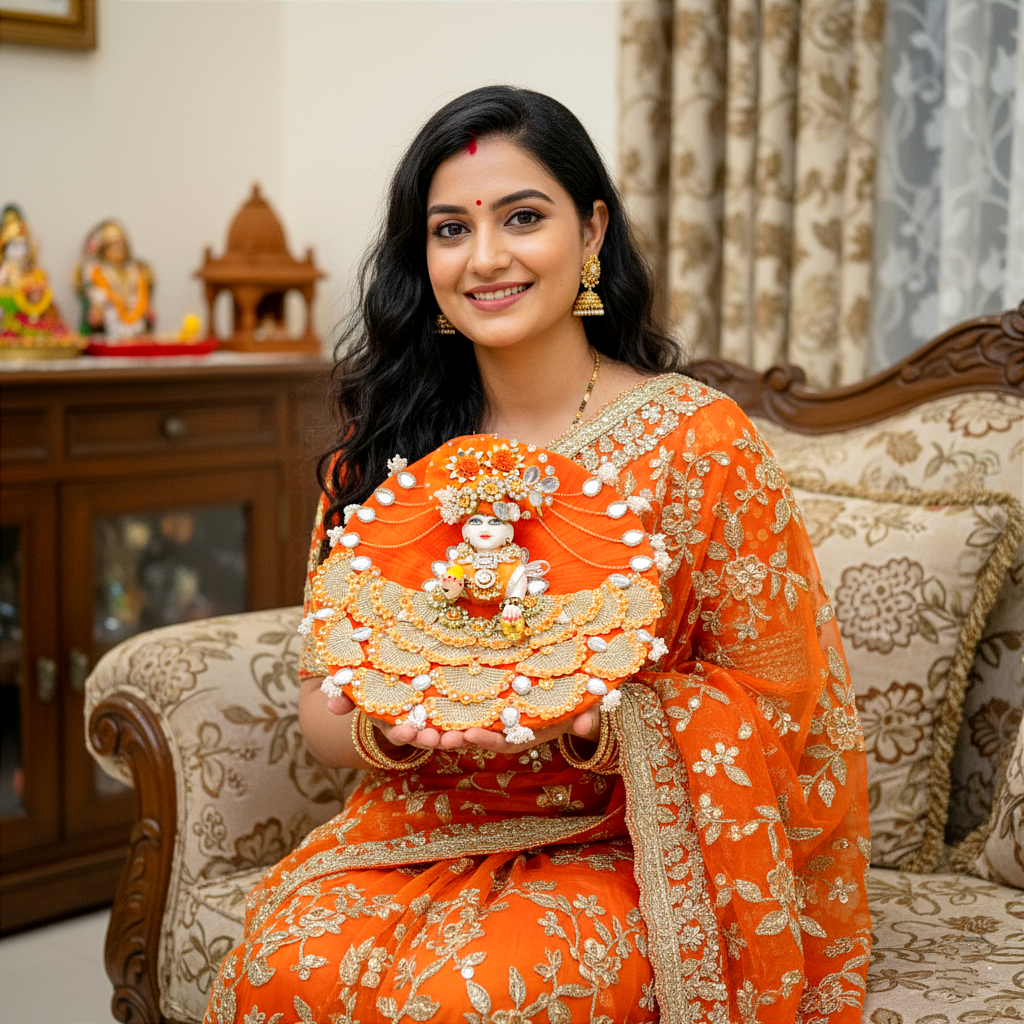 Sparkling Diamond Finish Kanha ji Dress in Red- Unique Design Poshak with Mukut, Patakha Set, Bansuri and A Surprise Gift