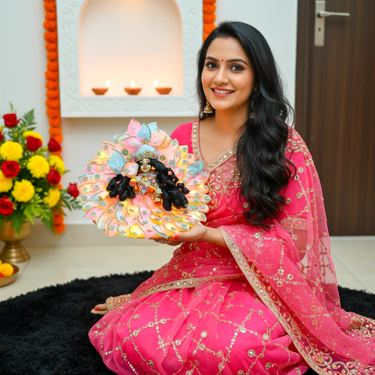 LED Light Up Krishna Dress – Two-In-One Fancy Multicolor Laddu Gopal Poshak with Mukut, Bansuri, Surprise Gift & Full Shringar Set