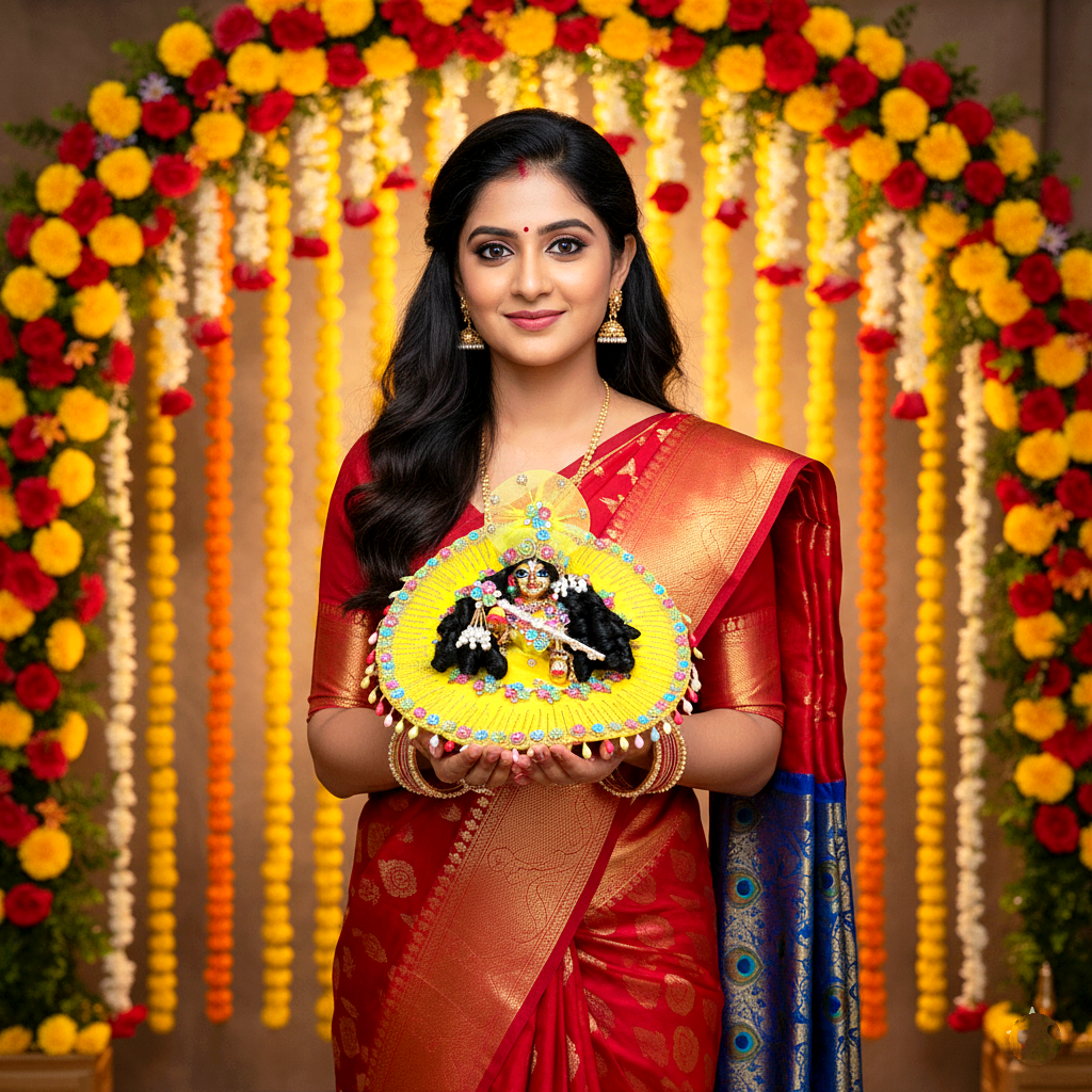 Elegant Lemon Yellow Gopal Ji Outfit – Multicolor Floral Work with Diamond Chain Detailing with Mukut, Patakha Set, Bansuri & Full Shringar Set