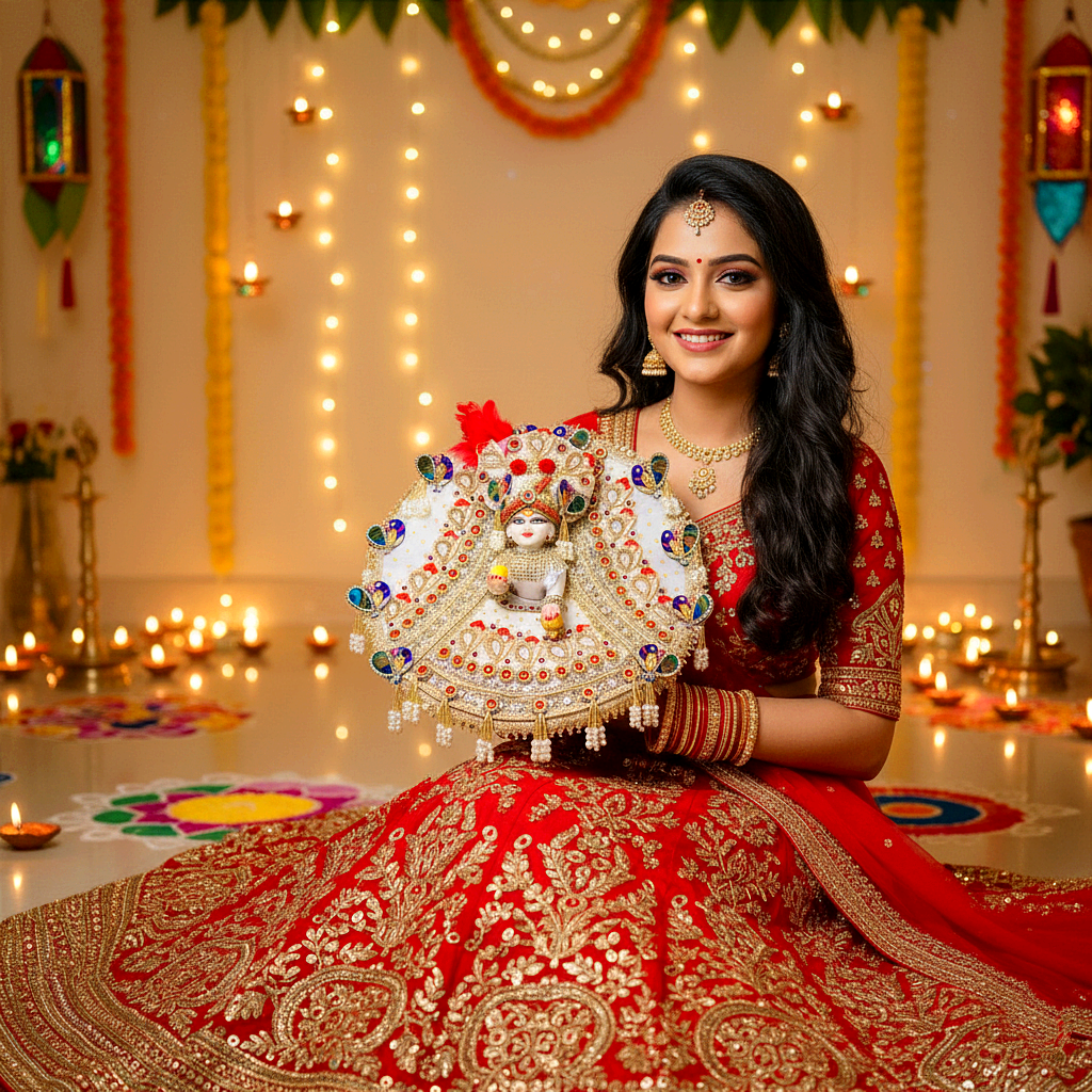 Diwali Special White Designer Laddu Gopal Outfit – Full Heavy Poshak with Zari Patches, Peacock Motifs, Intricate Detailing with Mukut, Patakha Set, Bansuri & Full Shringar Set