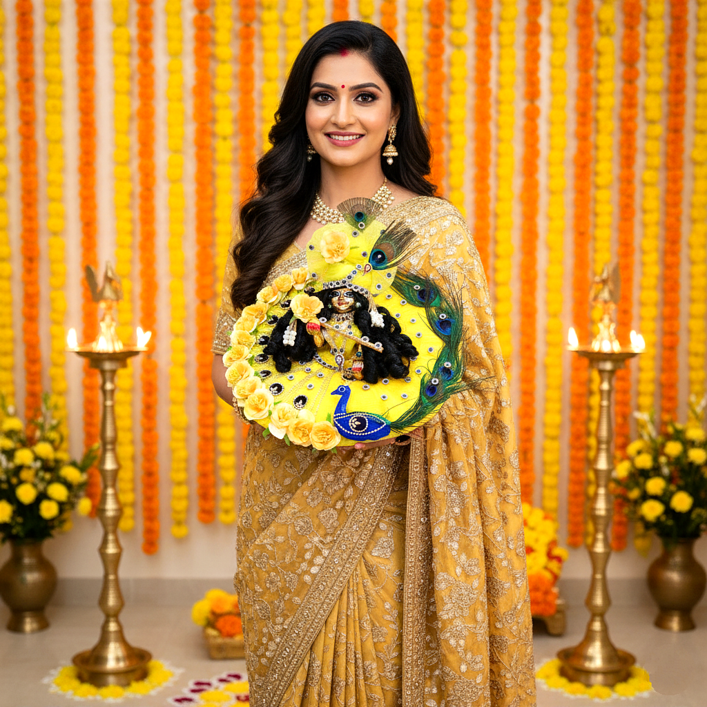 Radiant Green Color With Peacock Theme Dress for Kanha Ji – Real Peacock Feathers & Floral Work with Mukut, Patakha Set, Bansuri & Full Shringar Set