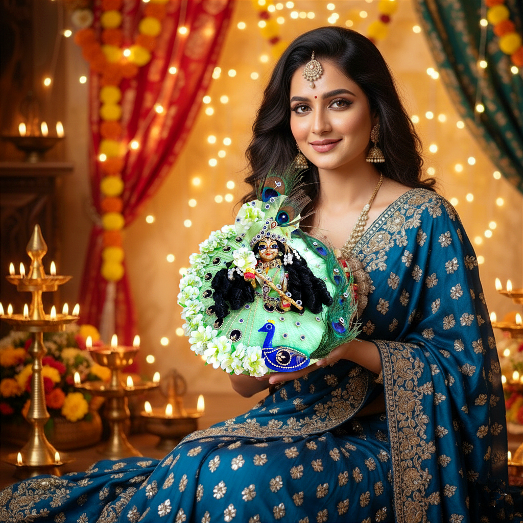 Radiant Green Color With Peacock Theme Dress for Kanha Ji – Real Peacock Feathers & Floral Work with Mukut, Patakha Set, Bansuri & Full Shringar Set