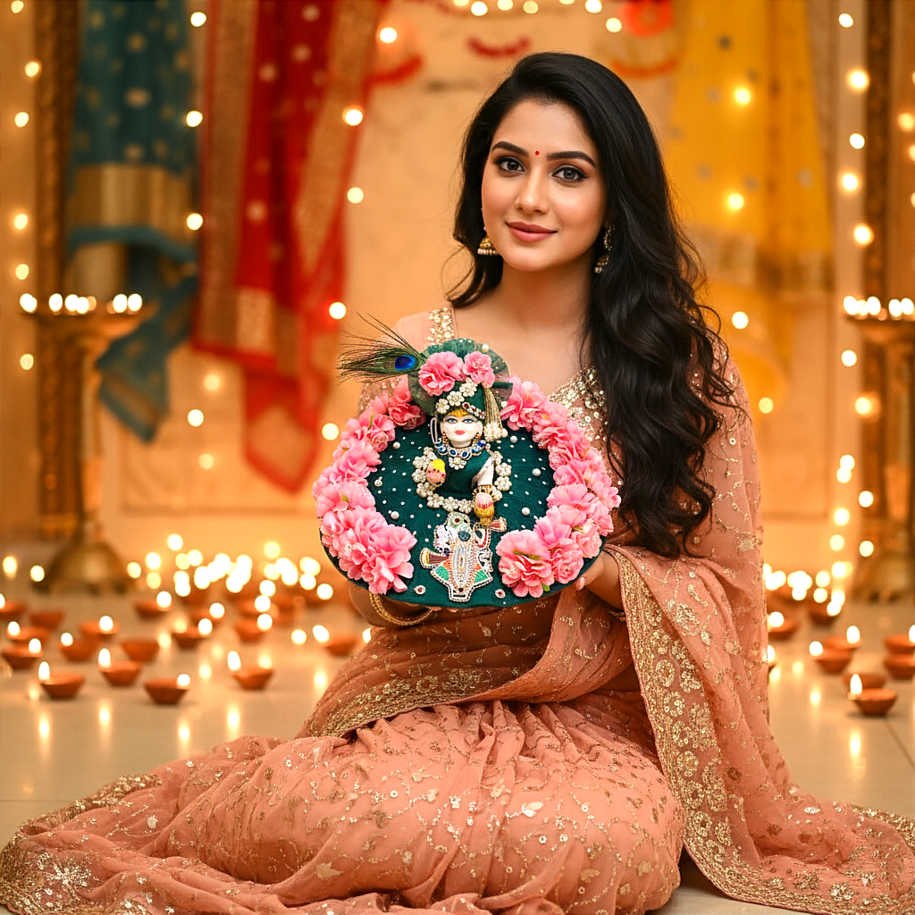 Divine Shreenath Style Bal Gopal Poshak – Floral Design Dress with Mukut, Patakha Set, Bansuri & Full Shringar Set