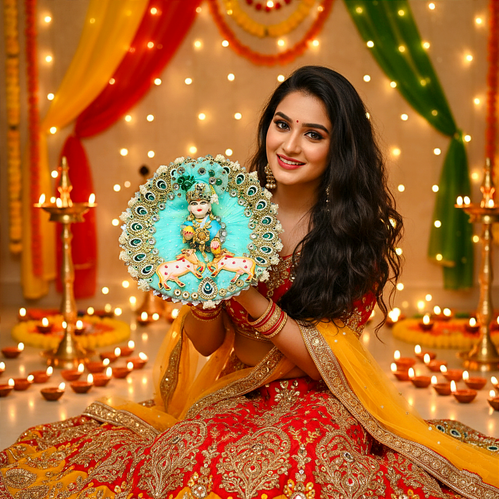 Divine Gau Mata Themed Sea Green Krishna Dress – Diwali Designer Poshak with Mukut, Patakha Set, Bansuri & Full Shringar Set