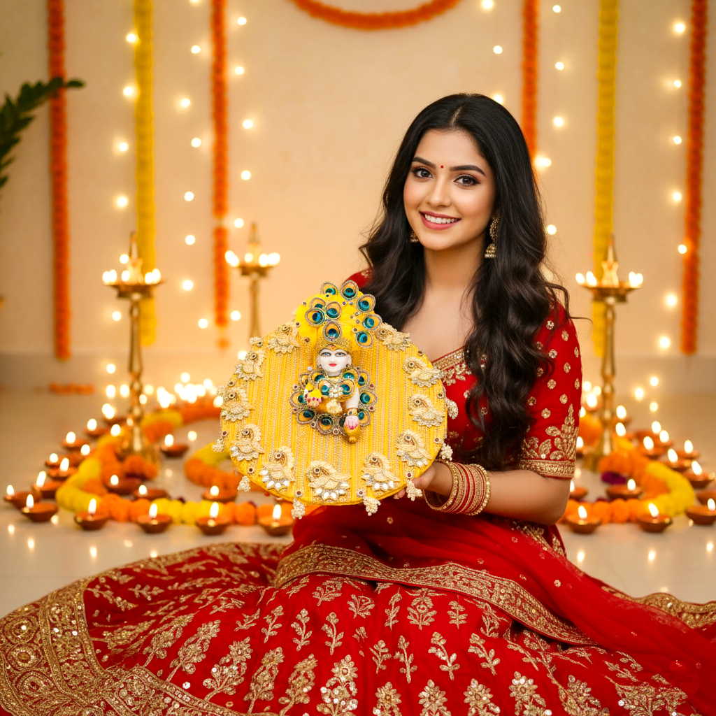 Royal Yellow Diwali Special Kanha Ji Dress – Full Lace Work with Peacock Style Patches with Mukut, Patakha Set, Bansuri & Full Shringar Set