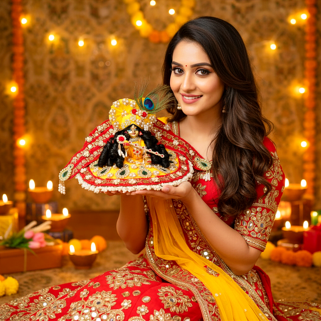 Diwali Special Designer Red and Yellow Laddu Gopal Poshak – Heavy Styling Bal Gopal Dress with Mukut, Patakha Set, Bansuri & Full Shringar Set