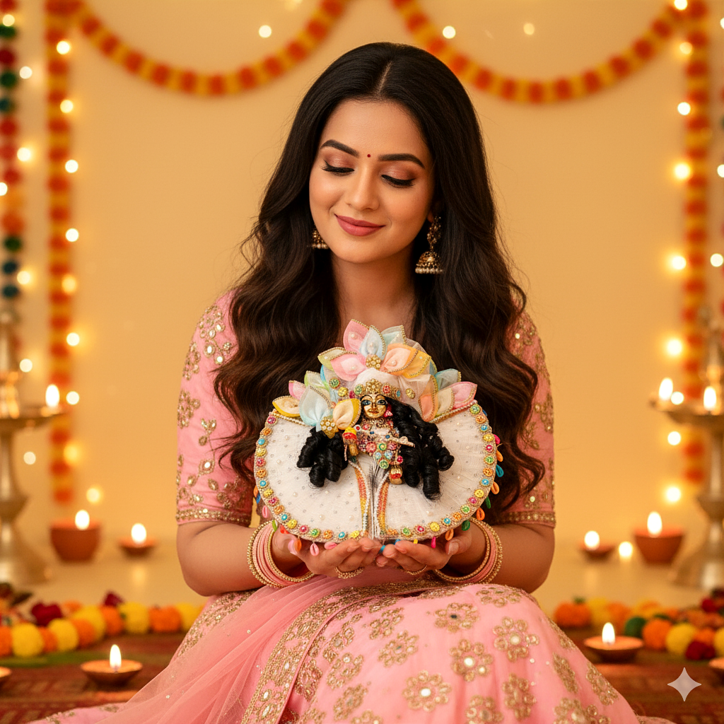 Sharad Purnima Special White Krishna Poshak – Multicolor Petal Work & Lace Dress with Mukut, Bansuri, Full Shringar Set & a Surprise Gift