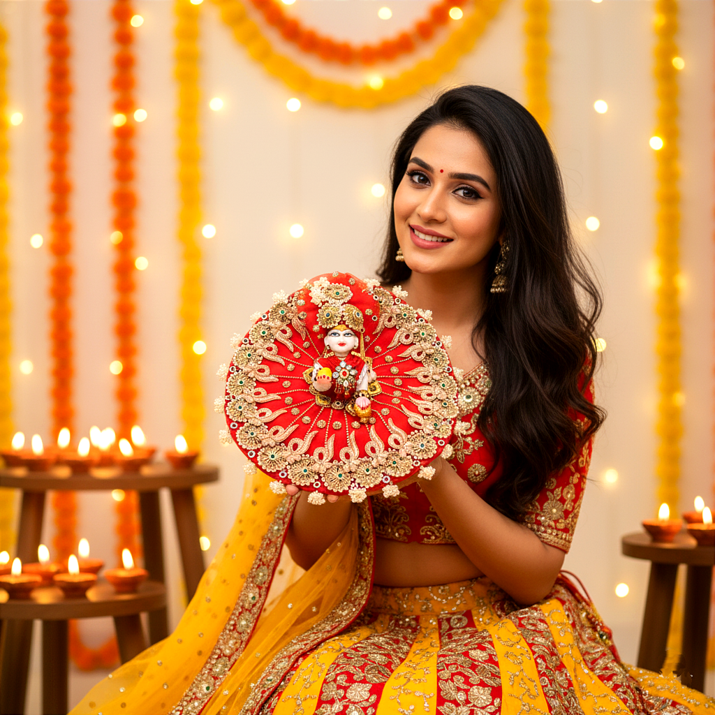 Diwali Special Traditional Red Kanha Ji Poshak – Intricate Zari & Golden Patch Dress with Mukut, Patakha Set, Bansuri & Full Shringar Set