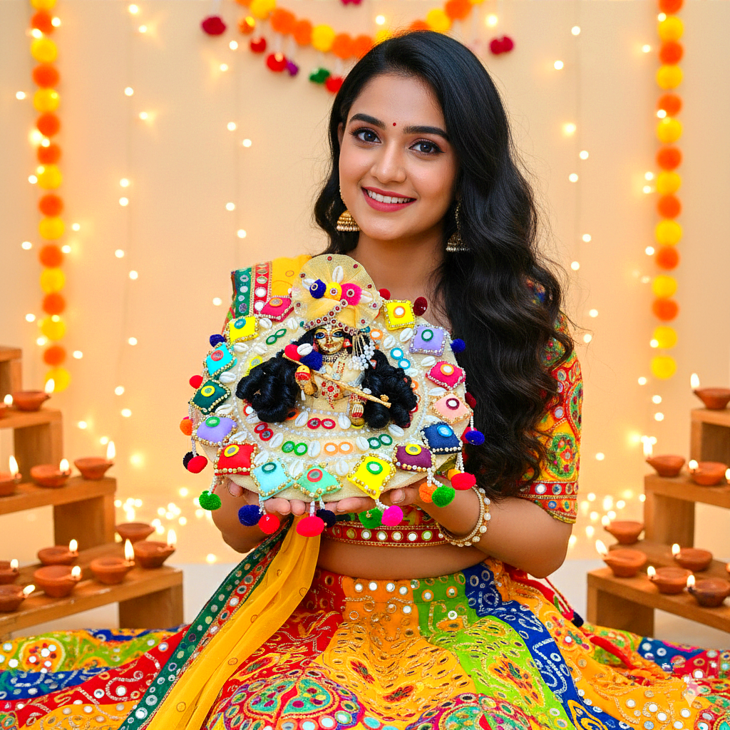 Navratri Special Colorful Designer Kanha Ji Dress – 3D Handmade Patches, Cowrie Beads, Mirror Work, Pom-Poms with Mukut, Patakha Set, Bansuri & Full Shringar Set