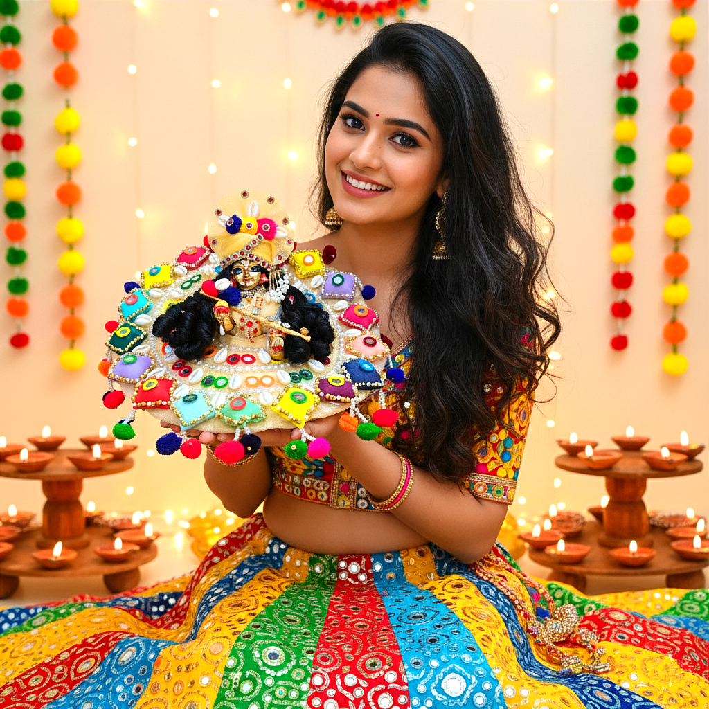 Navratri Special Colorful Designer Kanha Ji Dress – 3D Handmade Patches, Cowrie Beads, Mirror Work, Pom-Poms with Mukut, Patakha Set, Bansuri & Full Shringar Set