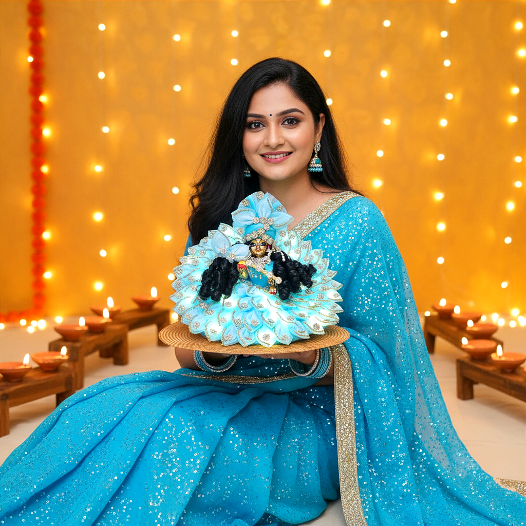 Diwali Special LED Light Up Kanha ji Dress – Two-In-One Fancy Yellow Laddu Gopal Dress with Mukut, Patakha Set and A Surprise Gift