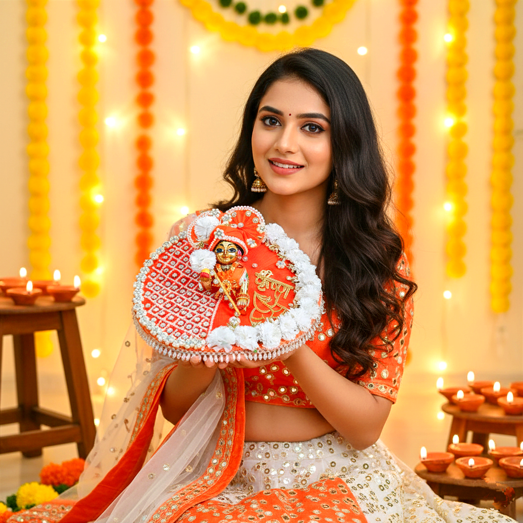 Diwali Special Golden “Shree Krishna” Name Patch with Charan Motif Laddu Gopal Dress – Orange Designer Poshak with Mukut, Patakha Set, Bansuri & Full Shringar Set