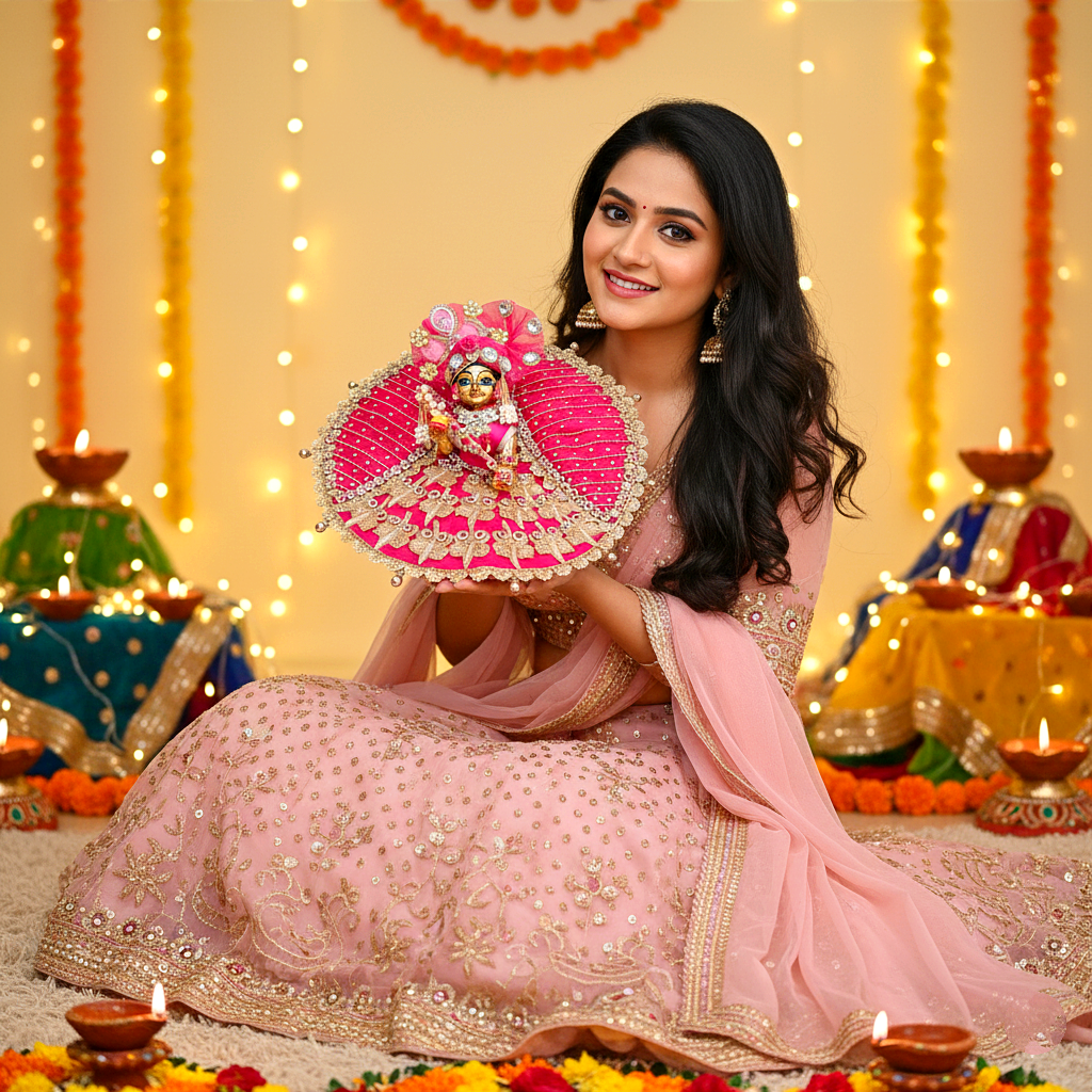 Royal Rani Pink Krishna Poshak – Beautiful Zari Patch and Bead Details with Mukut, Patakha Set, Bansuri & Full Shringar Set