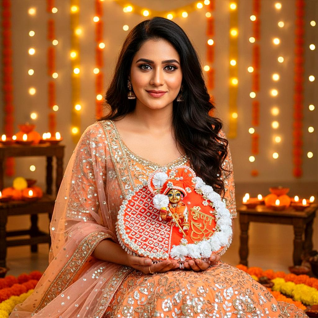 Diwali Special Golden “Shree Krishna” Name Patch with Charan Motif Laddu Gopal Dress – Orange Designer Poshak with Mukut, Patakha Set, Bansuri & Full Shringar Set