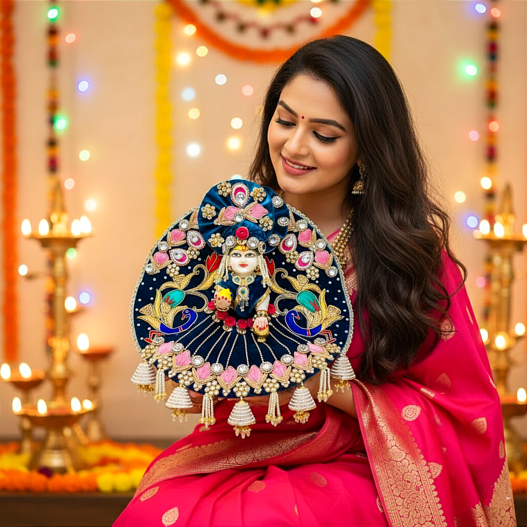 Heavy Look Pink Kanha Ji Diwali Dress – Designer Peacock Patches Poshak with Mukut, Patakha Set, Bansuri & Full Shringar Set