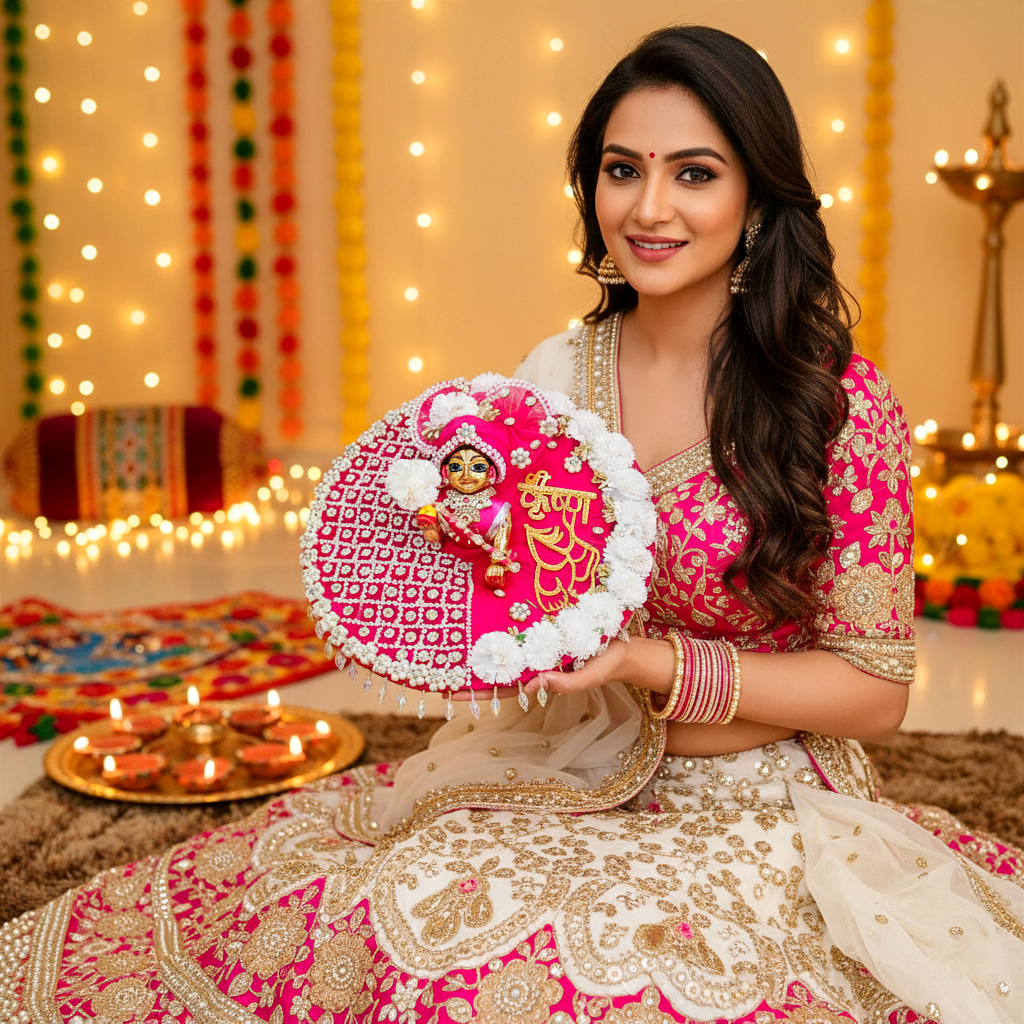 Diwali Special Golden “Shree Krishna” Name Patch with Charan Motif Laddu Gopal Dress – Orange Designer Poshak with Mukut, Patakha Set, Bansuri & Full Shringar Set