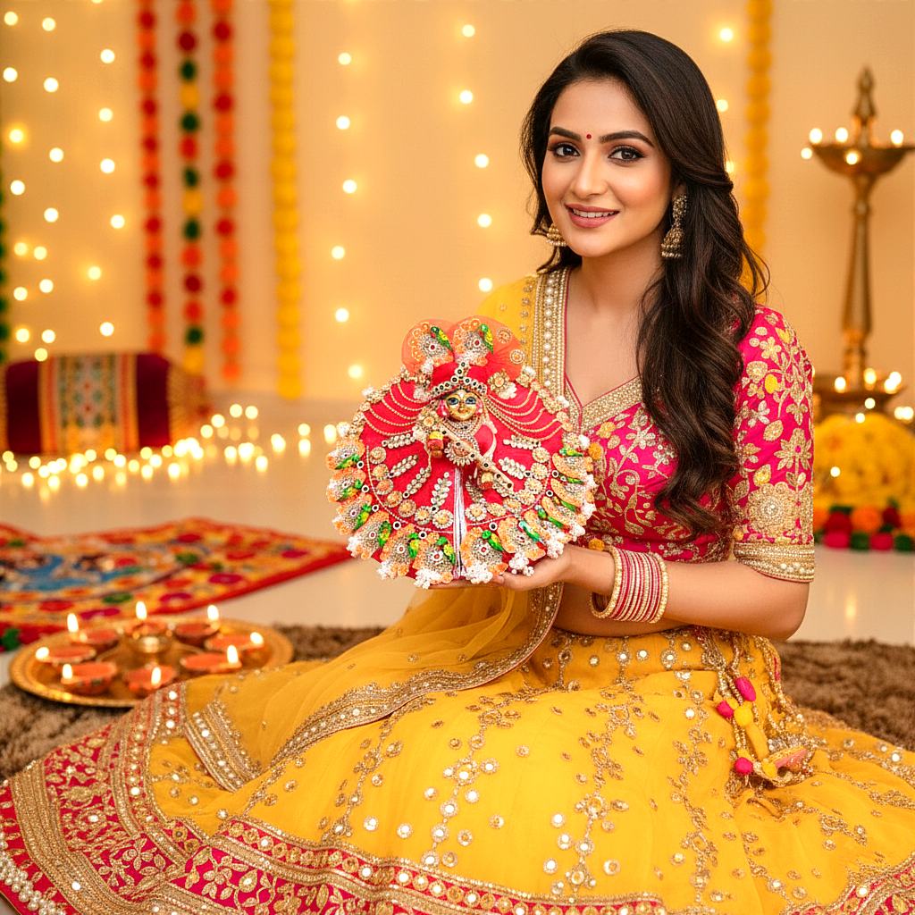 Diwali Special Two-In-One Ring Style Laddu Gopal Dress – Heavy Poshak with Decorative Ring, Handmade Kundan & Floral Patches with Mukut, Patakha Set, Bansuri & Full Shringar Set