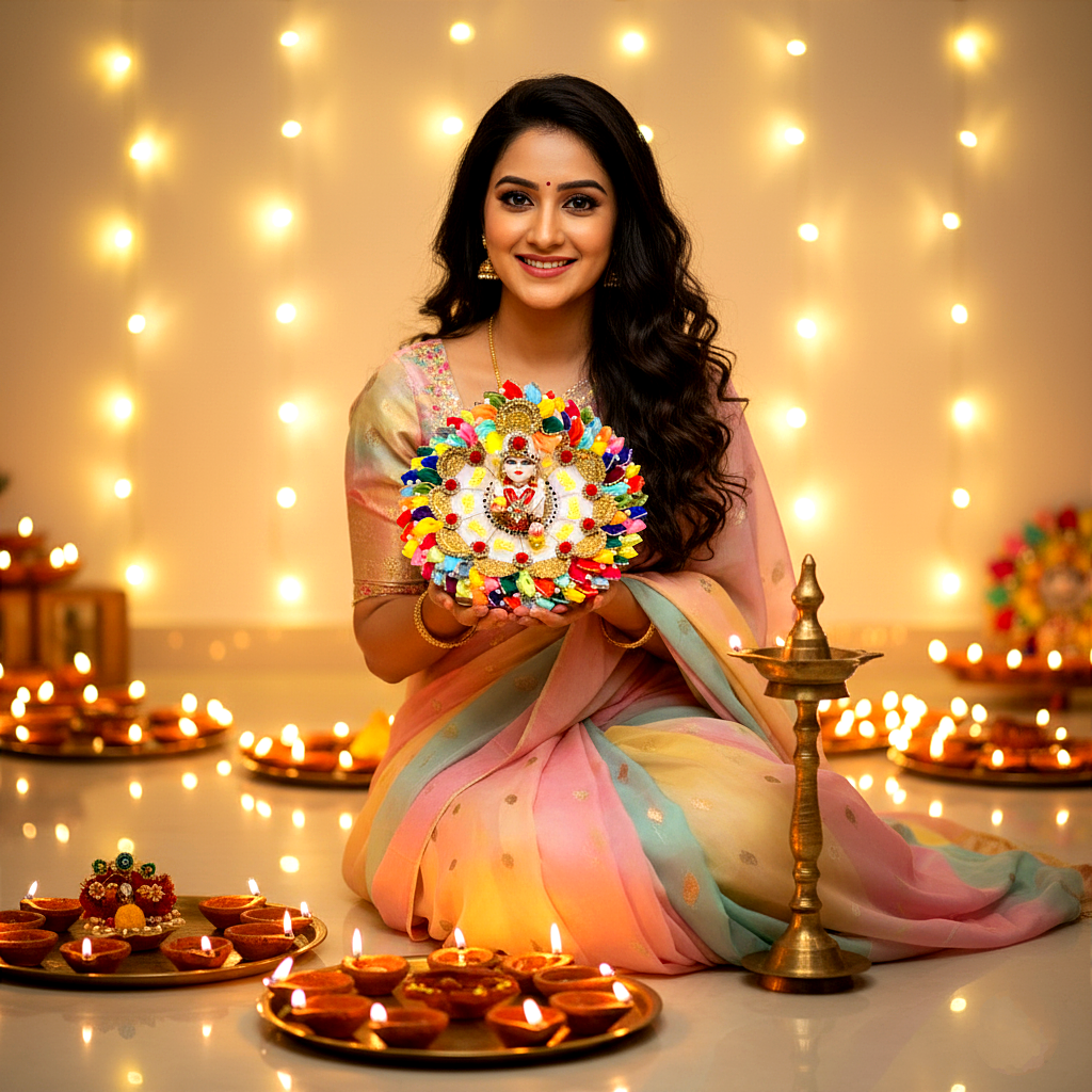 Navratri and Diwali Special LED Light-Up Two-In-One Laddu Gopal Dress – Radhe Radhe Patches & Multicolor Petal Work with Mukut, Patakha Set, Bansuri & Full Shringar Set