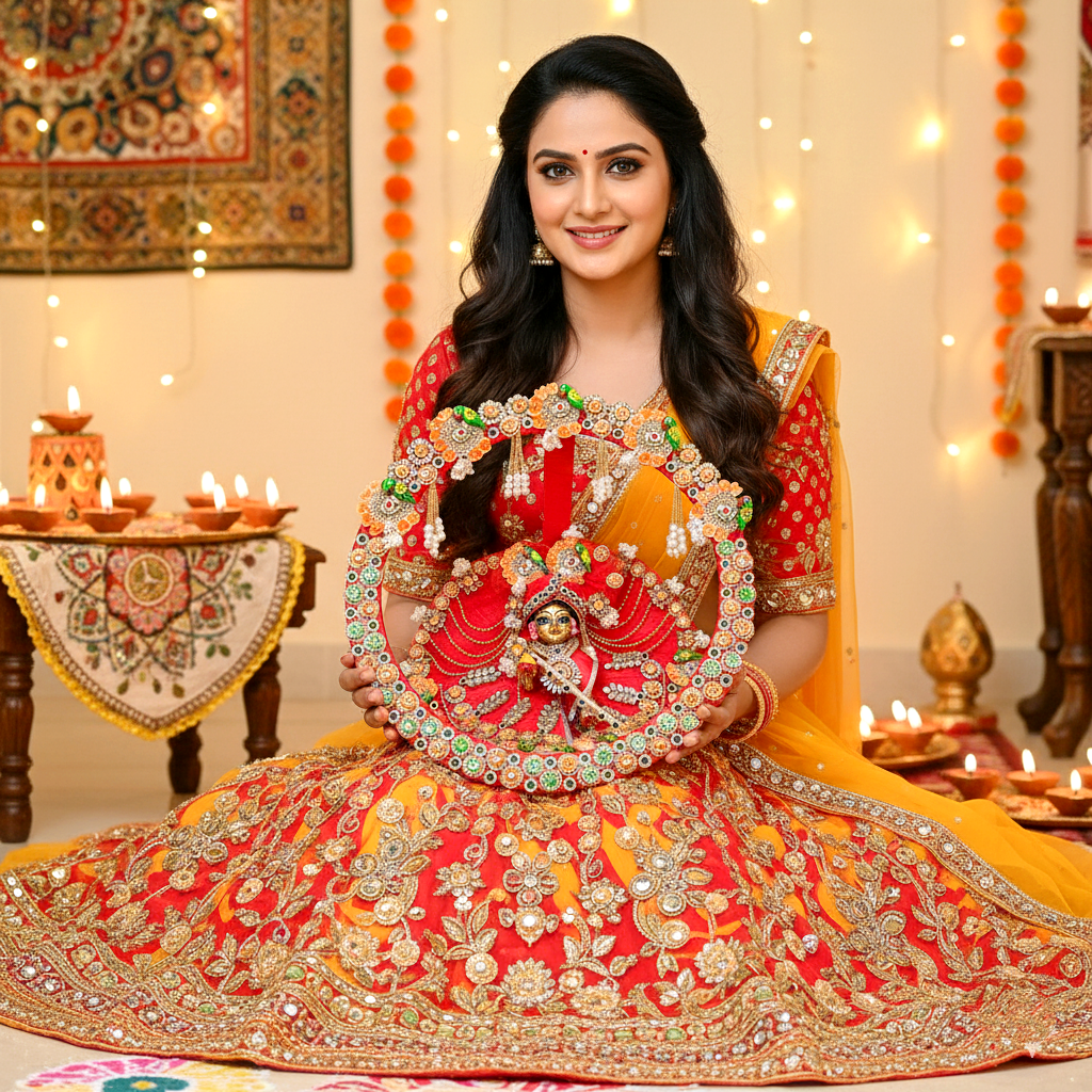 Diwali Special Two-In-One Ring Style Laddu Gopal Dress – Heavy Poshak with Decorative Ring, Handmade Kundan & Floral Patches with Mukut, Patakha Set, Bansuri & Full Shringar Set