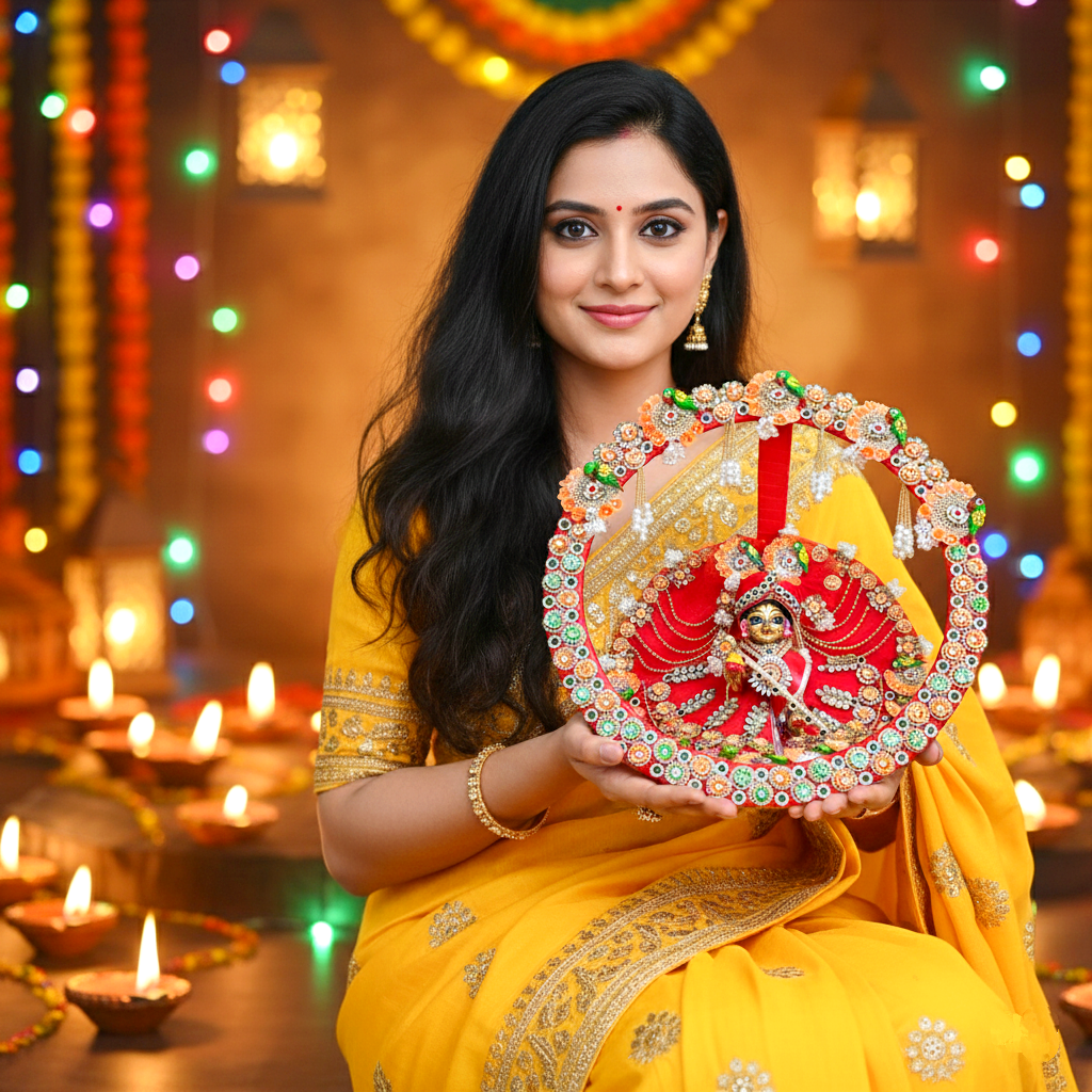 Diwali Special Two-In-One Ring Style Laddu Gopal Dress – Heavy Poshak with Decorative Ring, Handmade Kundan & Floral Patches with Mukut, Patakha Set, Bansuri & Full Shringar Set