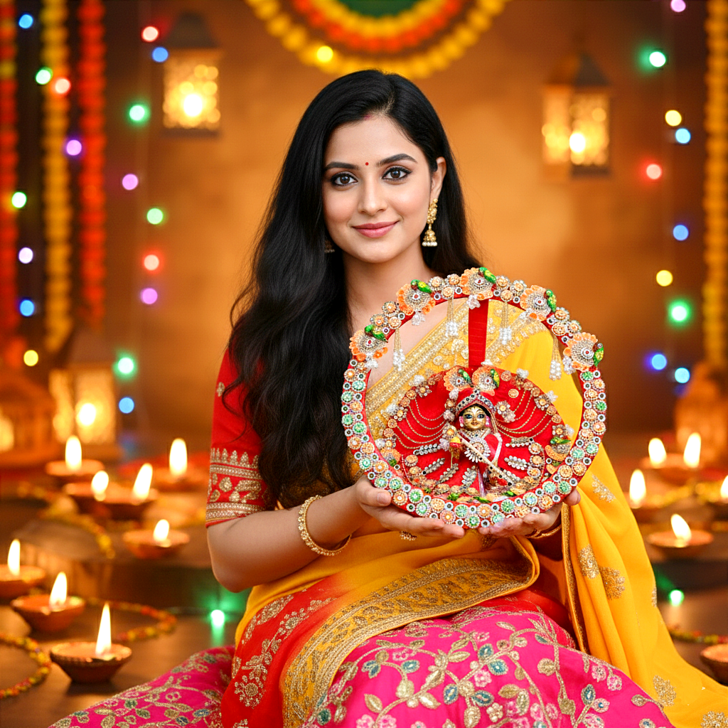 Diwali Special Two-In-One Ring Style Laddu Gopal Dress – Heavy Poshak with Decorative Ring, Handmade Kundan & Floral Patches with Mukut, Patakha Set, Bansuri & Full Shringar Set