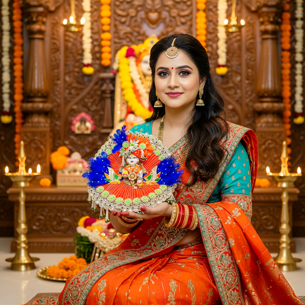 Diwali Special Designer Orange Kanha Ji Dress – Peacock Patches, Purple Feather Work with Mukut, Patakha Set, Bansuri & Full Shringar Set