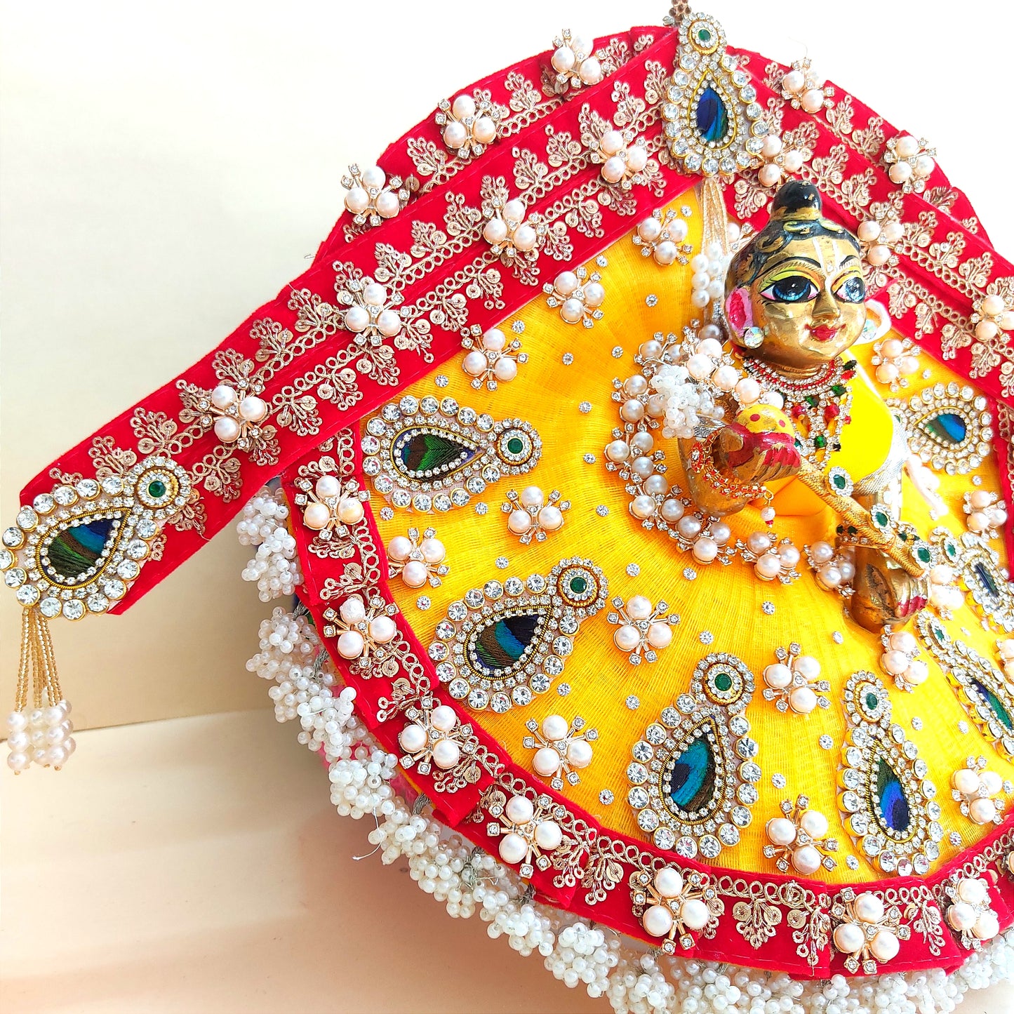 Diwali Special Designer Red and Yellow Laddu Gopal Poshak – Heavy Styling Bal Gopal Dress with Mukut, Patakha Set, Bansuri & Full Shringar Set