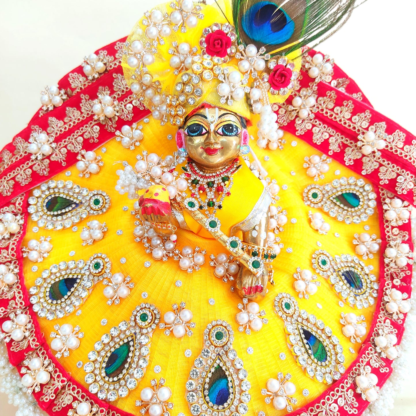 Diwali Special Designer Red and Yellow Laddu Gopal Poshak – Heavy Styling Bal Gopal Dress with Mukut, Patakha Set, Bansuri & Full Shringar Set