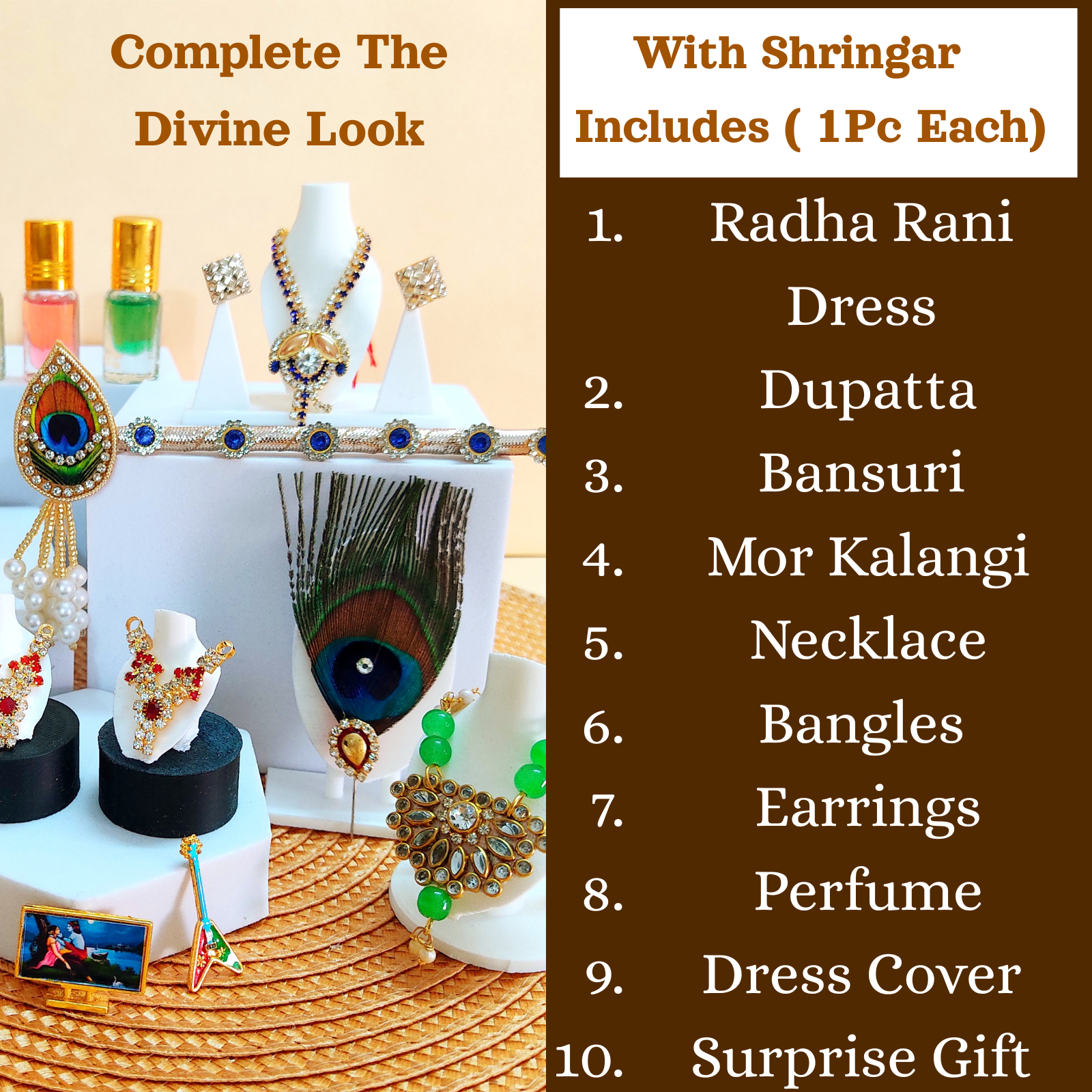 Radha Rani Jewelry set with Shringar and accessories on a decorative stand.