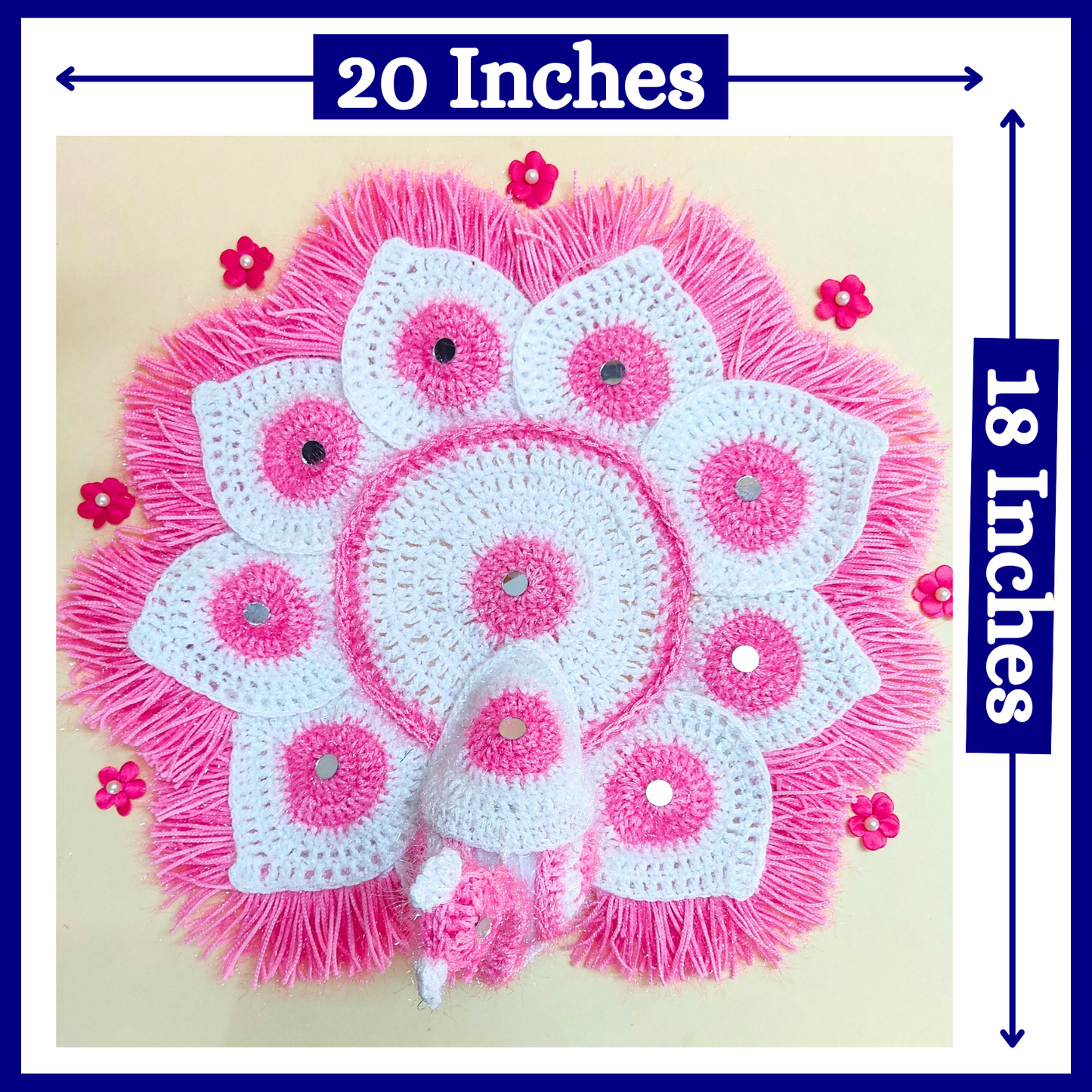 Handmade Crocheted Peacock-Inspired Pink and White Aasan for Kanha Ji | Elegant Thalposh | Sacred Table Cover & Home Decor