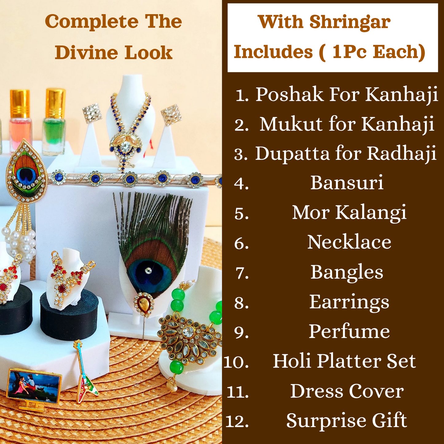 Holi Special Majestic Royal Blue Laddu Gopal Dress – Detailed Handwork with Peacock Motifs, Petal Design With Free Holi Platter Set, Heavy Mukut, Bansuri, Surprise Gift & Full Shringar Set