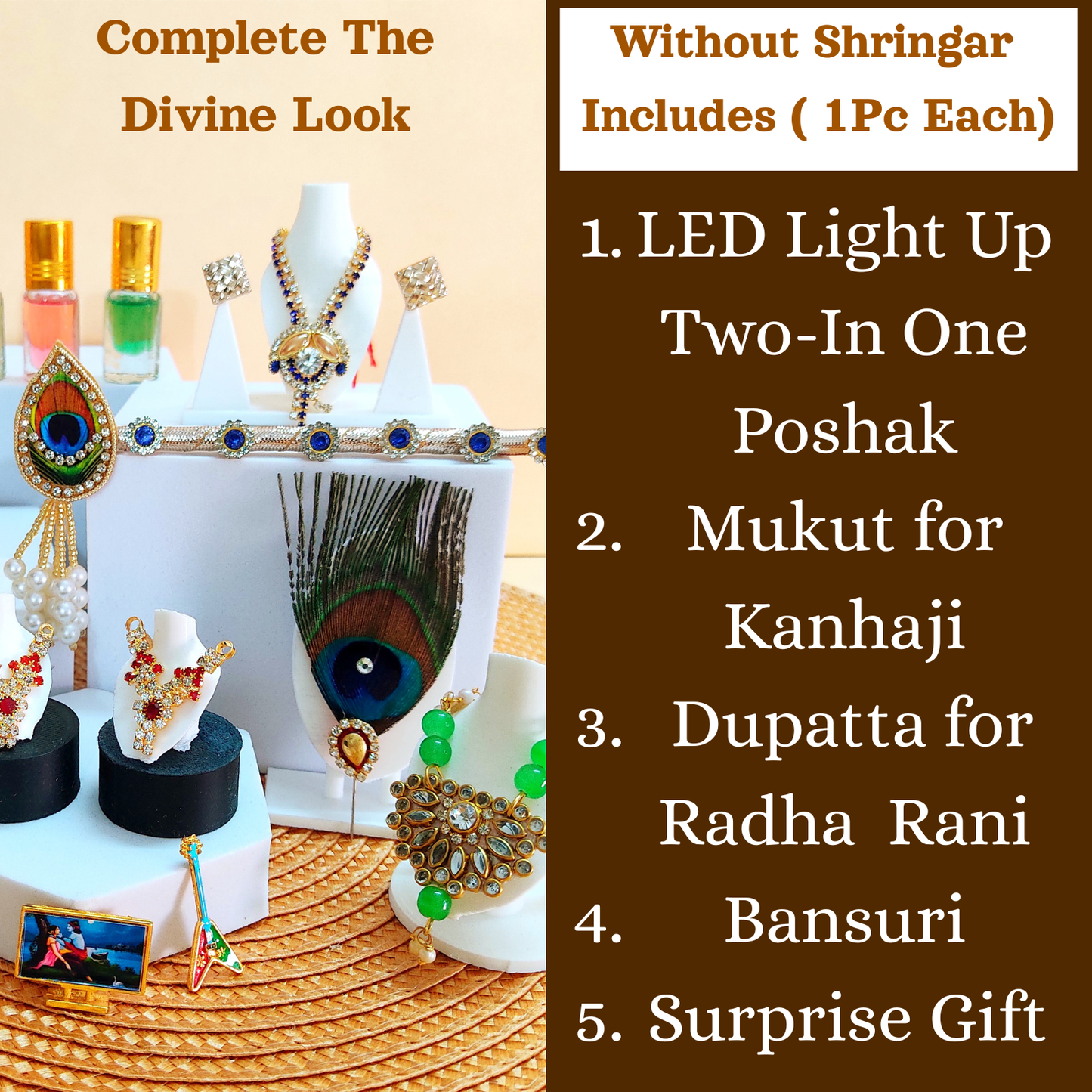 "Jai Shree Ram" Laddu Gopal Dress with Decorative Patches, Diamond Accents and Stone work with Mukut, Pataka Set, Bansuri & Full Shringar Set