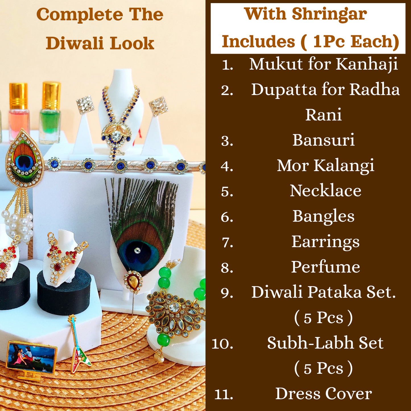 Royal Yellow Krishna Dress – Hexagon Poshak with Handmade Patches with Mukut, Pataka Set, Bansuri & Full Shringar Set