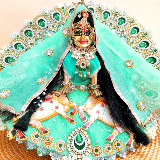 Divine Gau Mata -Themed Sea Green Radha Rani Dress – Janmashtami Designer Poshak with Dupatta & Complete Shringar Accessories