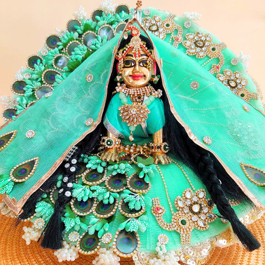 Elegant Sea Green Radha Rani Dress – Dual Style Peacock Feather Patches & Peacock Kundan Patches with Diamond Jewelry Embellishments, Chunri & Full Shringar Included