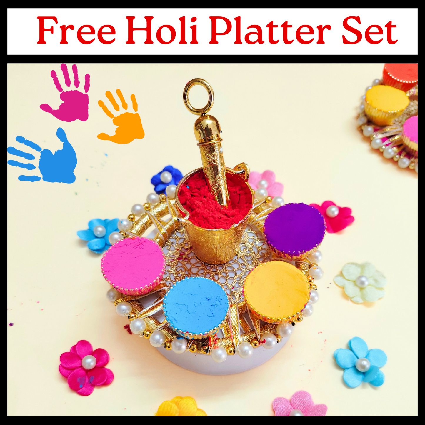 Holi Special Majestic Royal Blue Laddu Gopal Dress – Detailed Handwork with Peacock Motifs, Petal Design With Free Holi Platter Set, Heavy Mukut, Bansuri, Surprise Gift & Full Shringar Set